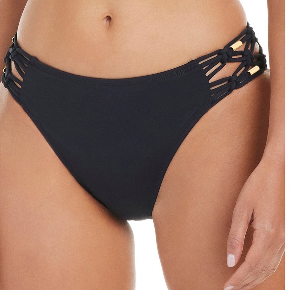 Bleu by Rod Beattie La Cote Dazur Macrame Hipster Bikini Bottoms Black 14 NEW